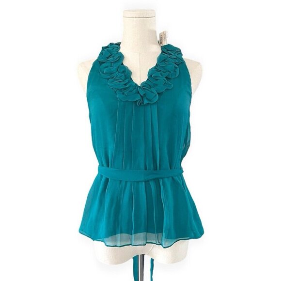 Nordstrom NU Collective NWT Ruffle Silk Blouse S Teal Blue V-neck Tie Waist $174 - Picture 1 of 9